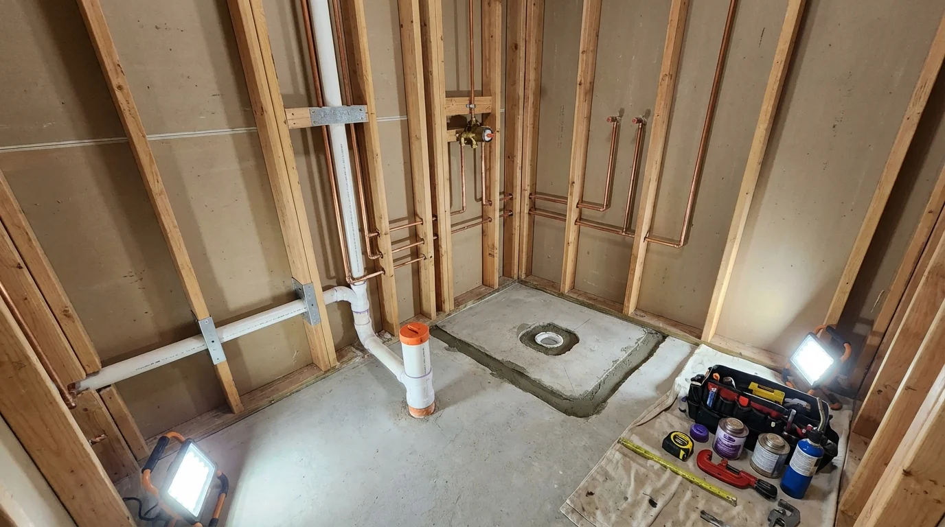 Bathroom rough-in plumbing during remodel by Johns Plumbing LLC in Wagner