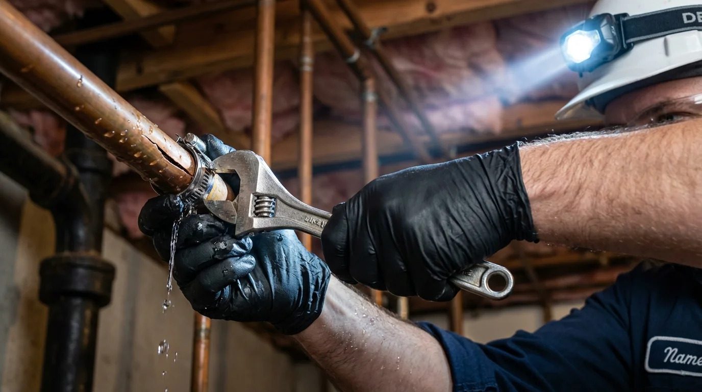 Emergency pipe clamp repair being performed by a Johns Plumbing LLC plumber in Wagner