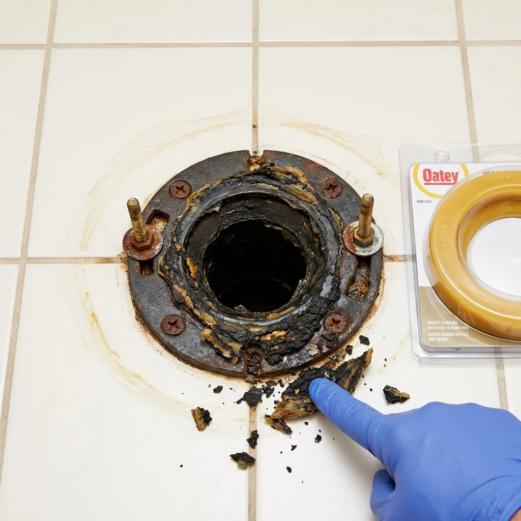 Failed wax ring showing water seepage at the base of a toilet in a Wagner, SD home