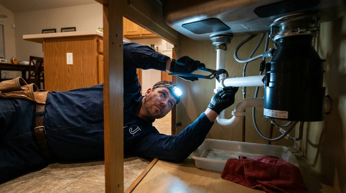 P-trap and supply line connections under a kitchen sink showing a common leak point in Wagner, SD